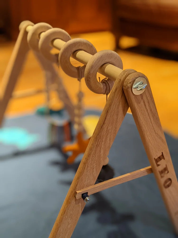Wooden toy with rings on a stand in a playground setting