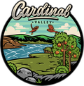 Logo of Cardinal Valley with a scenic landscape, lake, trees, and birds.