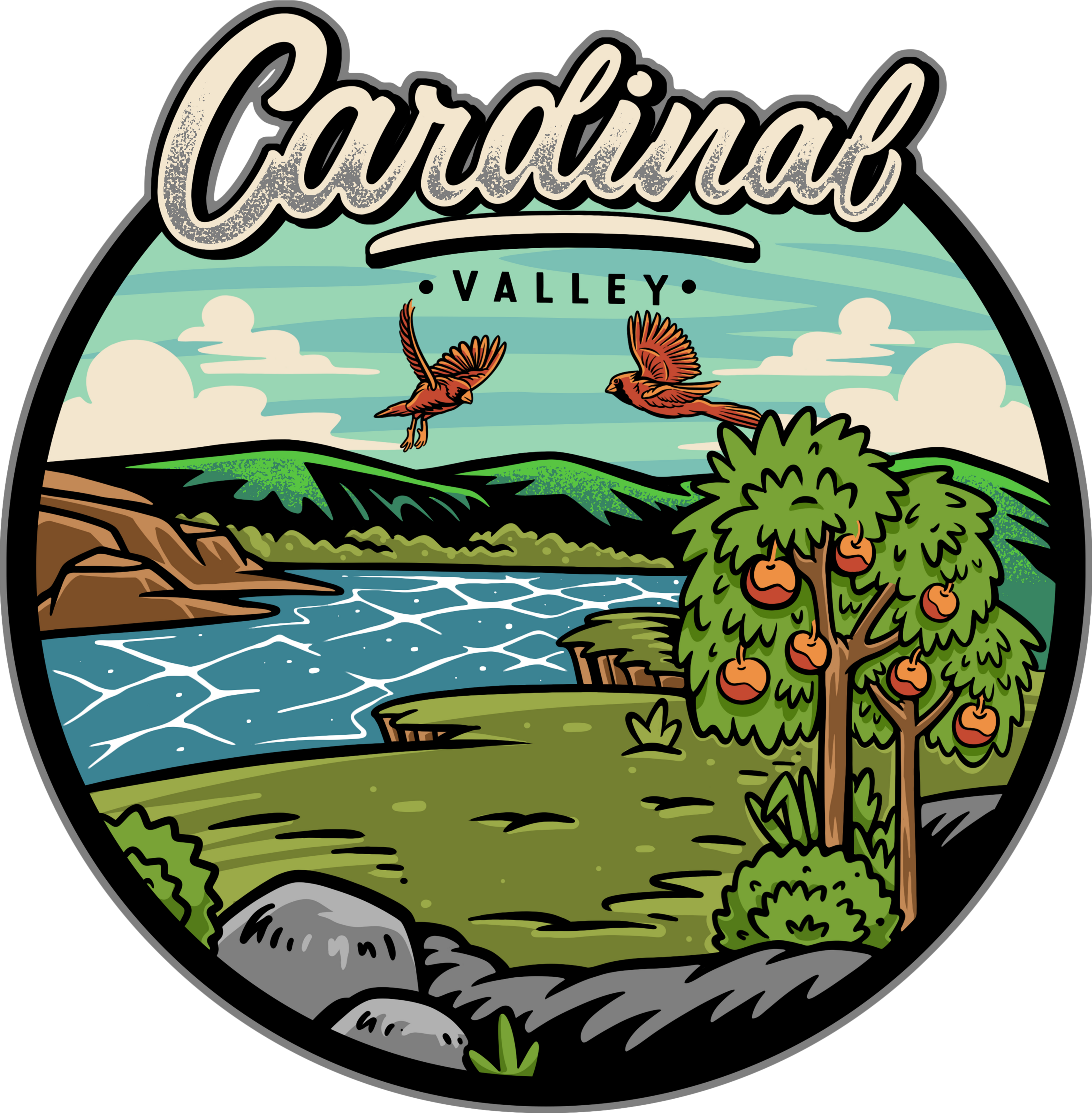 Logo of Cardinal Valley with a scenic landscape, lake, trees, and birds.