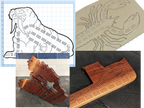 Collage of a wooden cribbage board design, its layout, and the finished product.