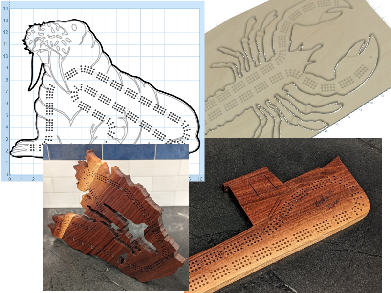 Collage of a wooden cribbage board design, its layout, and the finished product.