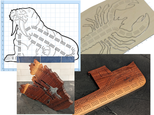Collage of a wooden cribbage board design, its layout, and the finished product.